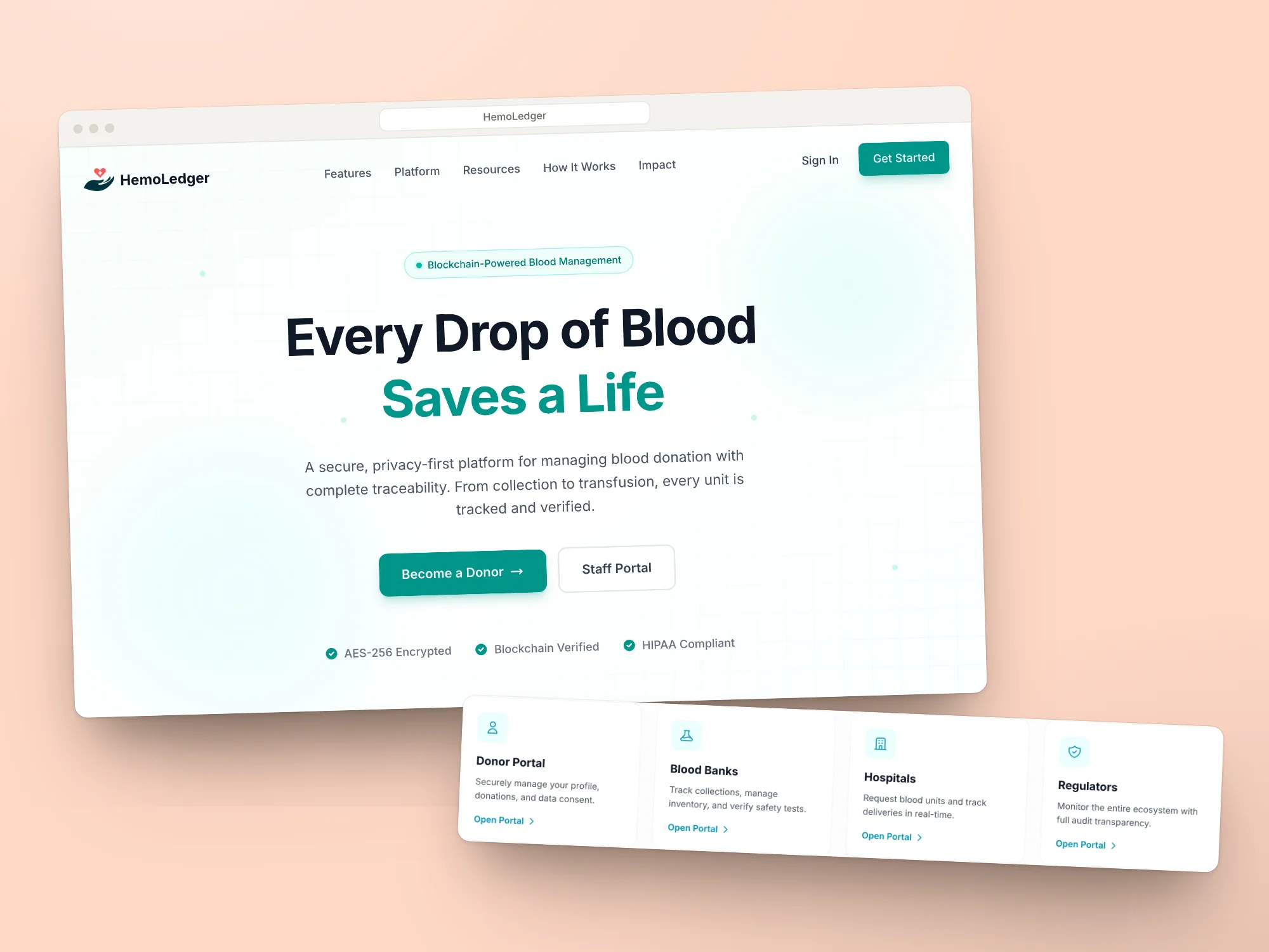 HemoLedger landing page and its donor, blood bank, hospital and regulator portals