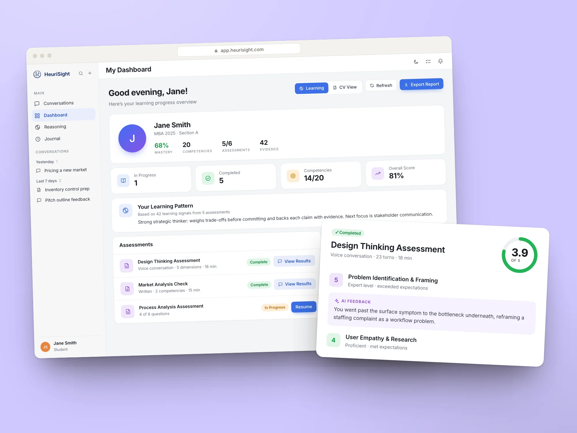 HeuriSight learner dashboard with an AI-scored assessment, shown with a sample learner