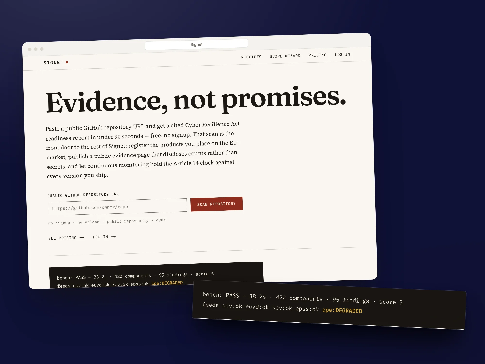 Signet scanner landing page with its printed benchmark run